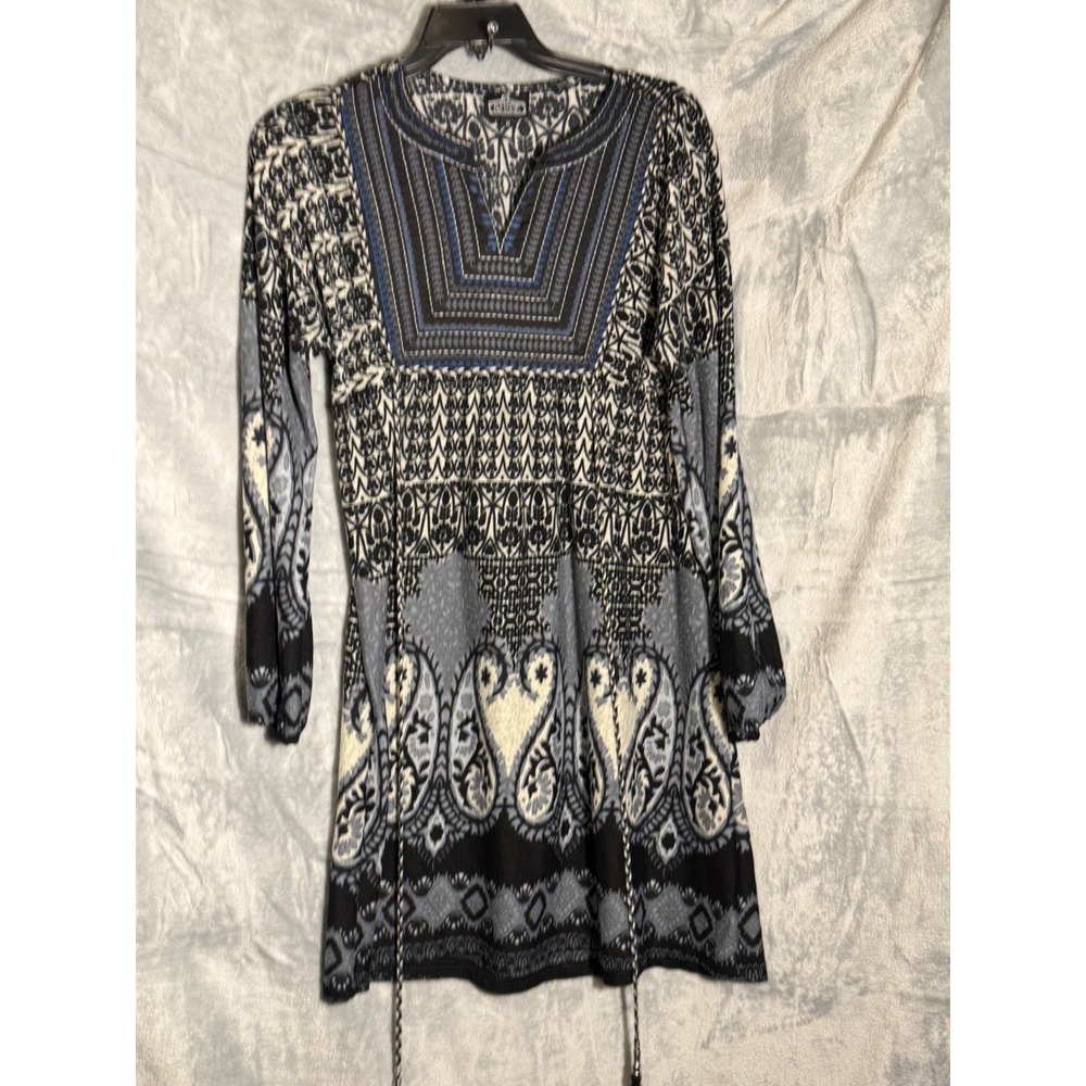 Angie Women's Tunic Dress Boho Paisley Print Tassel Accent Size‎ M embroidery